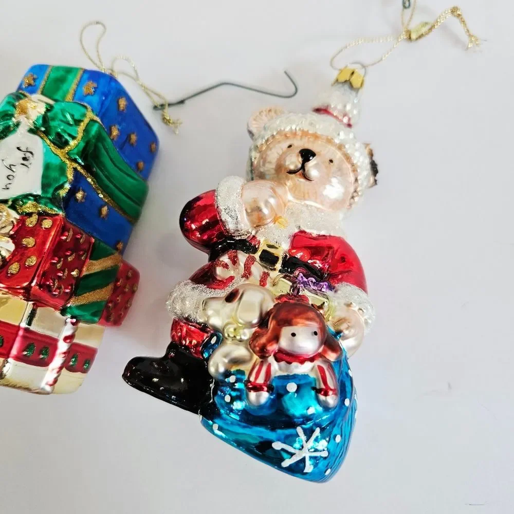 Vintage Brass Key Hand-Painted Glass Christmas Ornaments Bear Wreath Gift Stack
